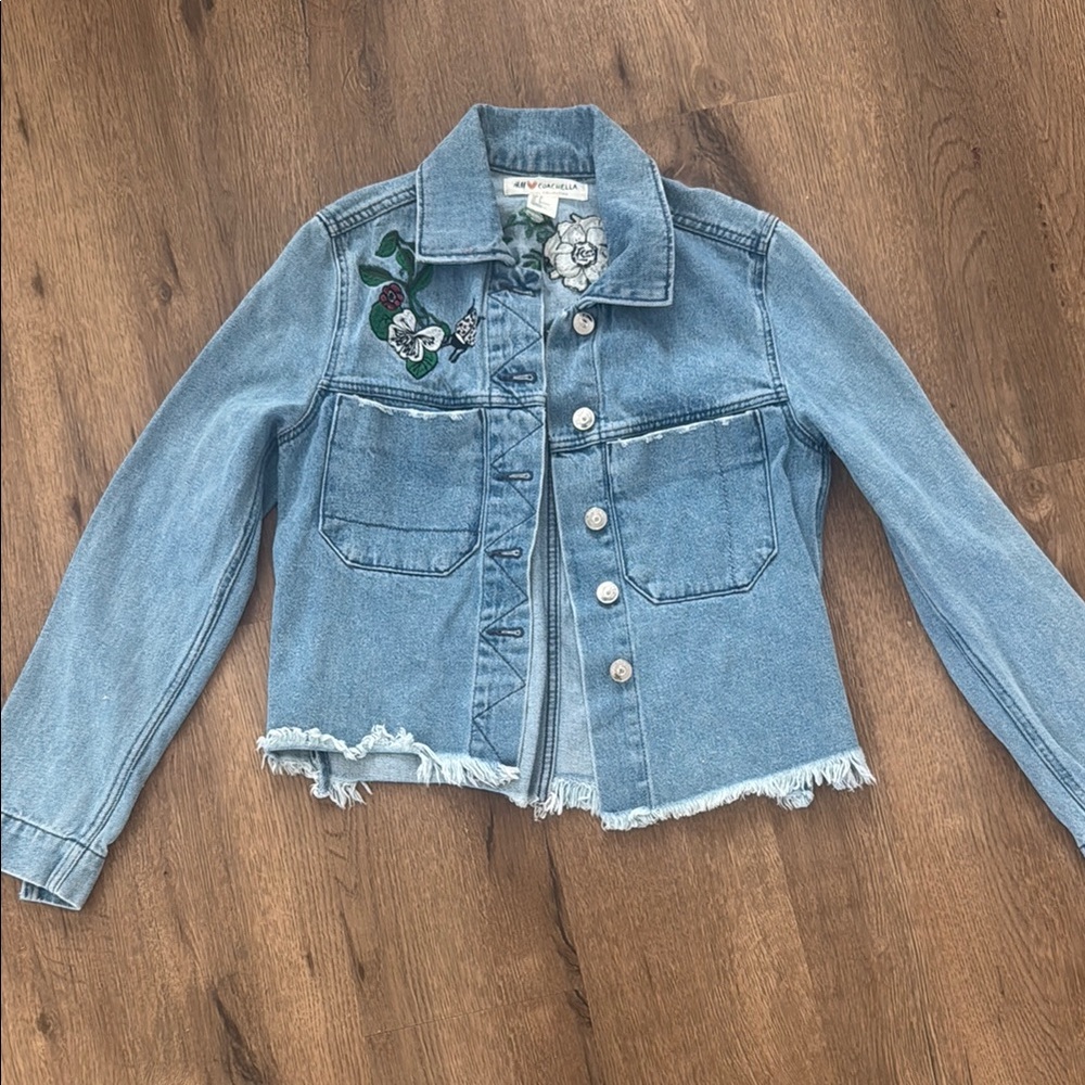 H&M Blue Denim Jacket with Floral Embroidery
